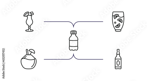 drinks outline icons set. thin line icons such as mai tai, lemon juice, mashing, coconut drink, alcohol vector.