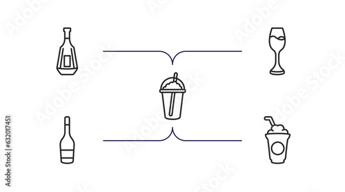 drinks outline icons set. thin line icons such as brandy, wine, coffee bean, wine bottles, frappuccino vector.