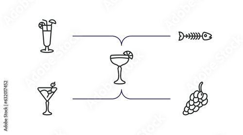 drinks outline icons set. thin line icons such as sex on the beach, fish skeleton, daiquiri, 007 martini, bunch of grapes vector.