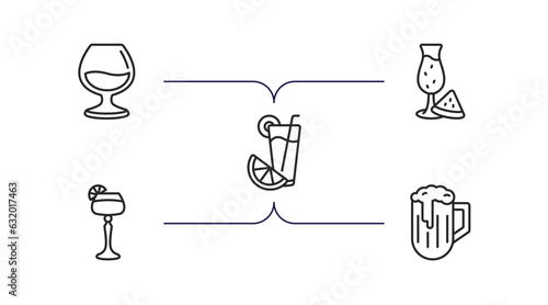 drinks outline icons set. thin line icons such as armagnac, watermelon juice, greyhound drink, sidecar drink, pub vector.