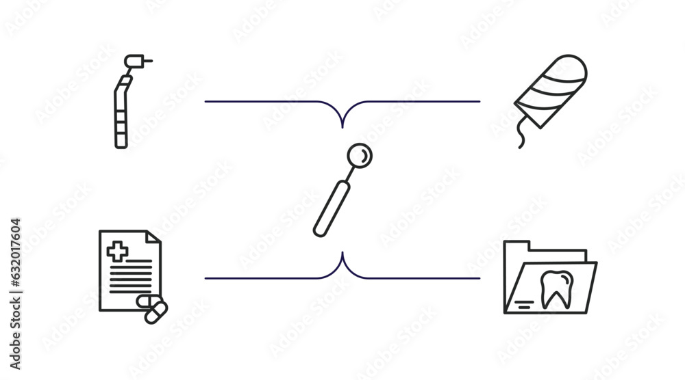 dentist outline icons set. thin line icons such as filler, tampon, dentist mirror, medical prescription, dental folder vector. dentist outline icons set. thin line icons such as filler, tampon, dentist mirror, medical prescription, dental folder vector.