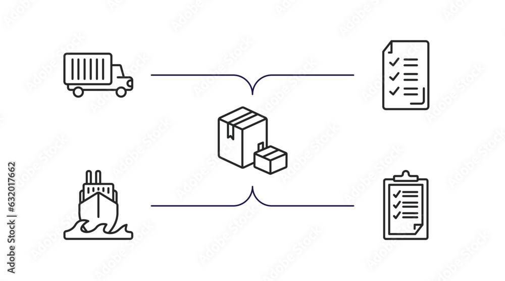 delivery and logistic outline icons set. thin line icons such as delivery truck, delivery list, boxes, ocean transportation, clipboard vector. delivery and logistic outline icons set. thin line icons such as delivery truck, delivery list, boxes, ocean transportation, clipboard vector.