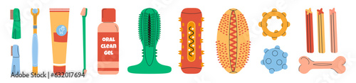 Toothbrush, toothpaste, masticatory toys, feed for clean dog teeth and gums. Oral hygiene for dogs of all breeds. Maintaining healthy. Vector illustration set isolated on white background