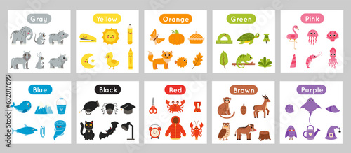 Collection of flashcards for learning colors for children.