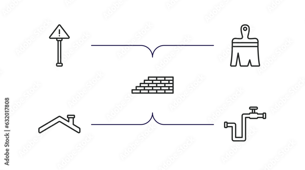 construction tools outline icons set. thin line icons such as warning, paint brush, brick wall, roof, gas pipe vector. construction tools outline icons set. thin line icons such as warning, paint brush, brick wall, roof, gas pipe vector.