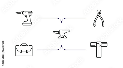 construction tools outline icons set. thin line icons such as cordless drill, plier, anvil, businessman portfolio, boning rod vector.