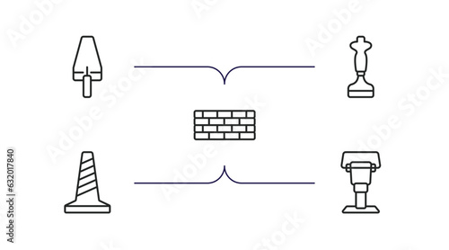 construction tools outline icons set. thin line icons such as gardening palette, bolster, brick, road construction, rammer vector.