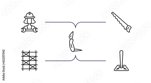 construction and tools outline icons set. thin line icons such as mechanic working, handsaw, jackknife, scaffolding, soil vector.