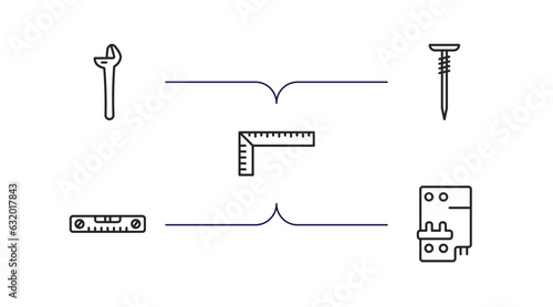 construction tools outline icons set. thin line icons such as plumbing, nail, school ruler, plumb rule tool, circuit breaker vector.