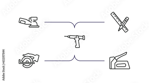construction and tools outline icons set. thin line icons such as sanding hine, pencil and ruler, sealant gun, chop saw, staple gun vector.