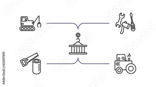 construction outline icons set. thin line icons such as derrick with tong, three tools, derrick with pallet, wood saw, steamroller vector.