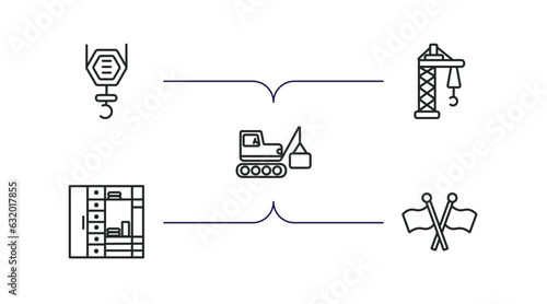 construction outline icons set. thin line icons such as pulley hook, derrick facing right, derrick with box, big clo, vector.
