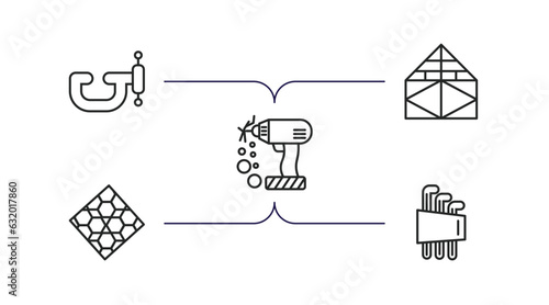construction outline icons set. thin line icons such as vise, joist, electric drill, paving, hex key vector.