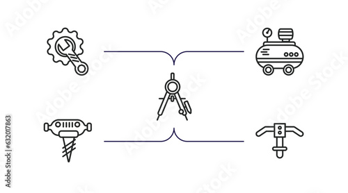 construction outline icons set. thin line icons such as wrench and gear, air compressor, drawing compass, pickaxes drilling, inclined picker vector.