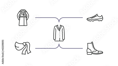 clothes outline icons set. thin line icons such as trench coat, soccer shoe, cardigan, shawl, brisk boots vector.