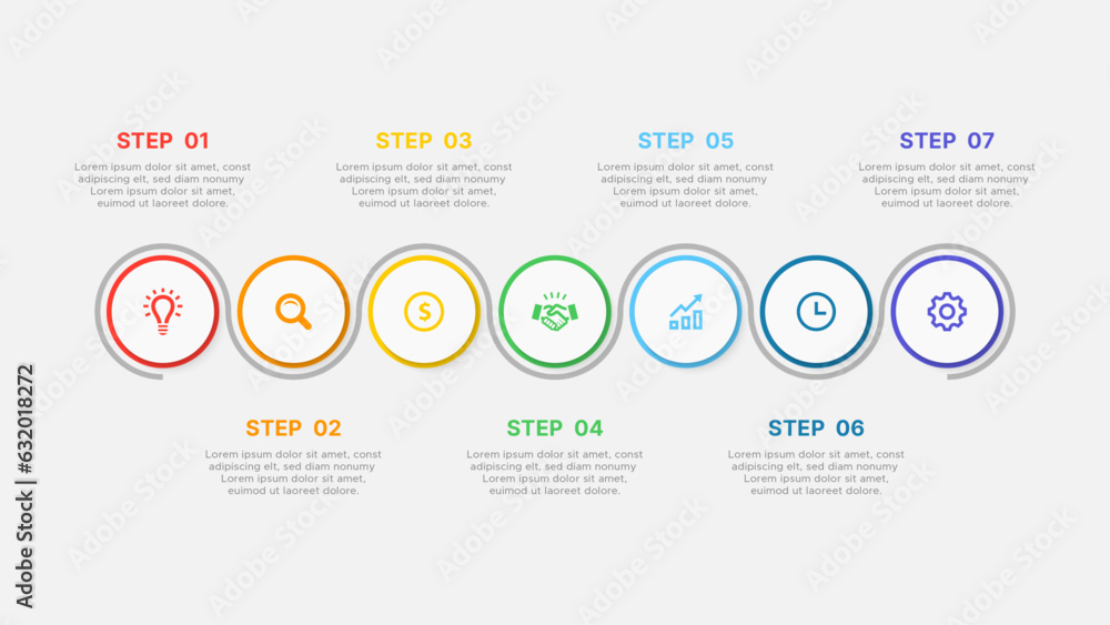 Naklejka premium Creative Timeline Process Workflow Business Infographic Design Template with 7 Options