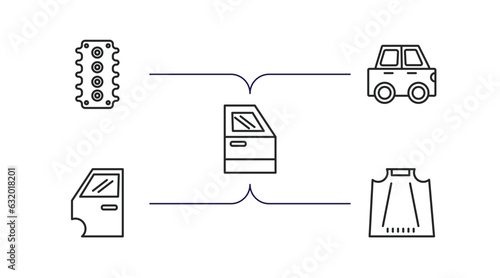 car parts outline icons set. thin line icons such as car cylinder head, car hard top, trim, door, bonnet vector.