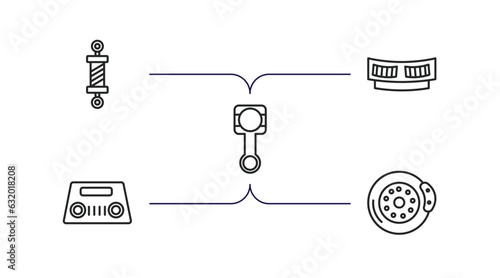 car parts outline icons set. thin line icons such as car coil, car cowl, connecting rod, parcel shelf, brake vector.