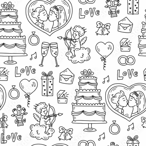 Wedding doodle seamless pattern with cake bride groom