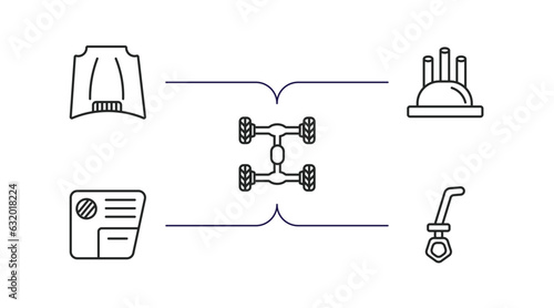 car parts outline icons set. thin line icons such as car hood, car distributor cap, chassis, glove compartment, dipstick vector.