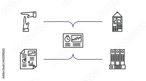 business and finance outline icons set. thin line icons such as time out, monthly wall calendar, hash rate, infographics, binder vector.