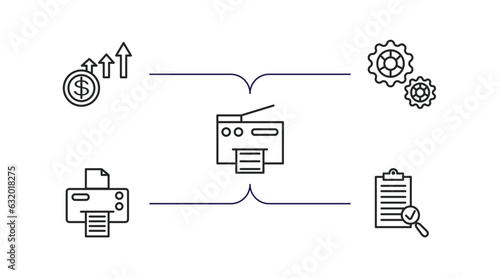 business and finance outline icons set. thin line icons such as increase money, cogwheel hine part, printing documents, print document, revision vector.