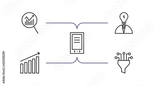 business and analytics outline icons set. thin line icons such as data analytics, business skills, gadget, increasing stocks, funneling data vector.