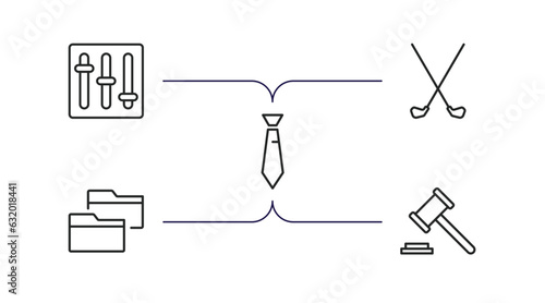 business outline icons set. thin line icons such as tones, golf sticks, black tie, two folders, punishment vector.