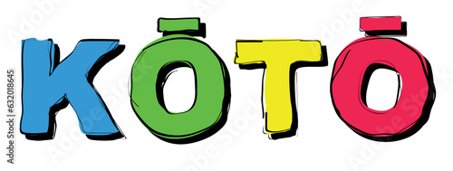 KOTO. Handwritten curved bright color text. Doodle outline of letters. KOTO is Japanese city Kyoto for social network, Japan web resource, mobile app, game, t-shirt.