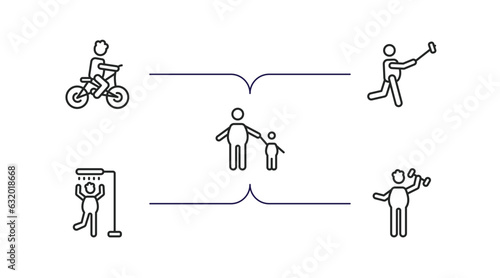 behavior outline icons set. thin line icons such as man riding bicylce, man taking a selfie, child with man, showering, fitness vector.