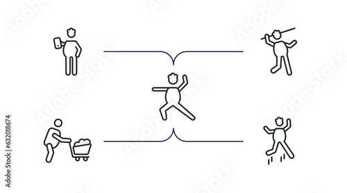 behavior outline icons set. thin line icons such as man with mobile phone, man throwing javelin, man warming up, wirth carry, stick jumping vector.