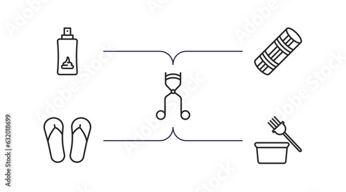 beauty outline icons set. thin line icons such as hair foam, foam curler, eyelashes curler, two flip flops, tint bowl vector.