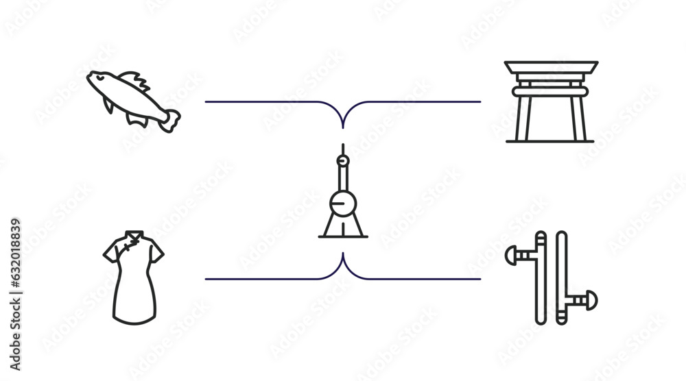 asian outline icons set. thin line icons such as carps, torii gate, oriental pearl tower, chinese dress, tonfa vector. asian outline icons set. thin line icons such as carps, torii gate, oriental pearl tower, chinese dress, tonfa vector.