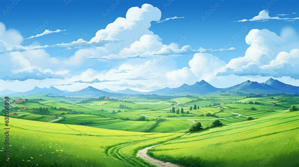 scenery with green field and mountain in a day with blue sky and white cloud. nature landscape cartoon scene. generative AI