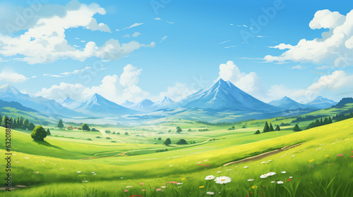 scenery with green field and mountain in a day with blue sky and white cloud. nature landscape cartoon scene. generative AI