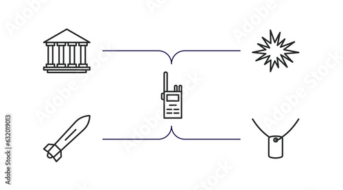 army and war outline icons set. thin line icons such as federal agency, bomb detonation, militar radio, torpedo, dog tag vector.