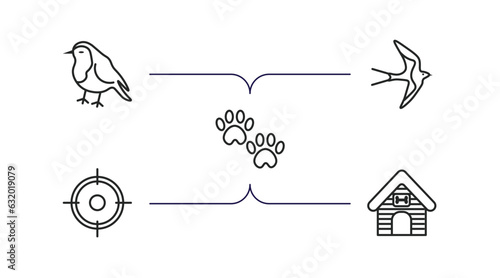 animals outline icons set. thin line icons such as robin, swallow, pawprint, hunt, kennel vector.
