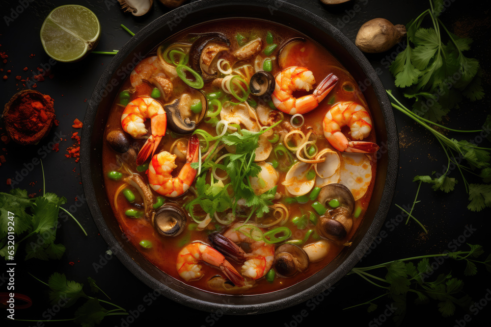 A fragrant steaming bowl of Tom Yum soup, filled with tender shrimp, ai generated. A fragrant steaming bowl of Tom Yum soup, filled with tender shrimp, ai generated.