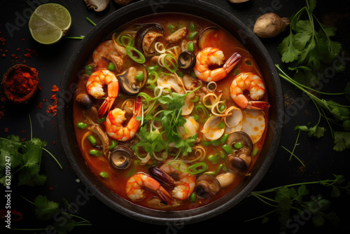 A fragrant steaming bowl of Tom Yum soup, filled with tender shrimp, ai generated.