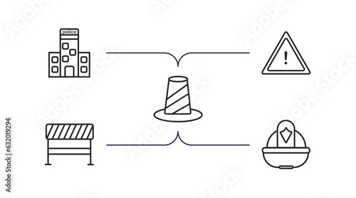 alert outline icons set. thin line icons such as police station, caution, bollard, road blockade, firefighter helmet vector.