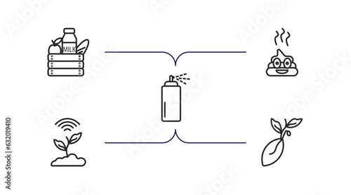 agriculture farming outline icons set. thin line icons such as farm products, poo, sprayer, smart farm, seed vector.