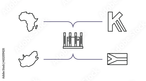 africa outline icons set. thin line icons such as africa, kenyan shilling, apartheid museum, south africa, african vector.