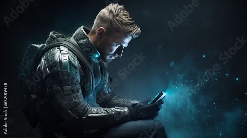 Man in futuristic clothing using a next generation electronic device