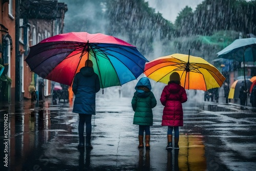 A family walking in the rain under umbrella generated by AI tool © Muhammad