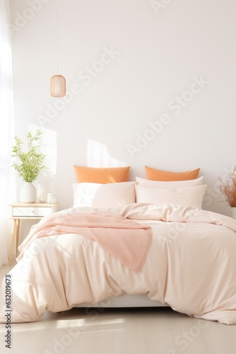 Beautiful cozy white modern bedroom interior with peach decor. Generative AI