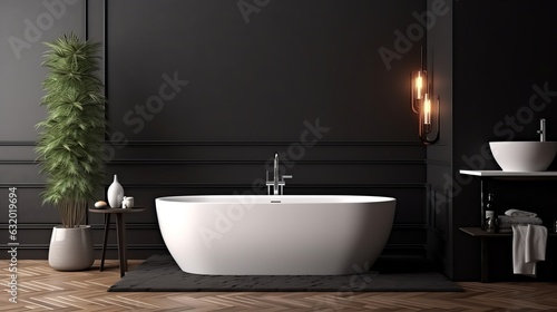 Modern bathroom interior with white bathtub and chic vanity  black walls  parquet floor