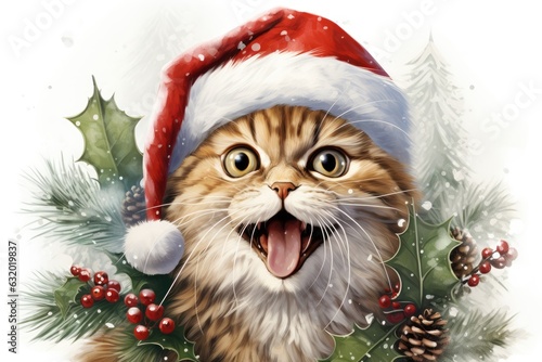 Christmas funny cat surrounded by snowflakes, Christmas tree branch