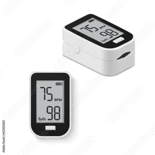 Pulse oximeter with normal value digital device for measure oxygen saturation set realistic vector photo