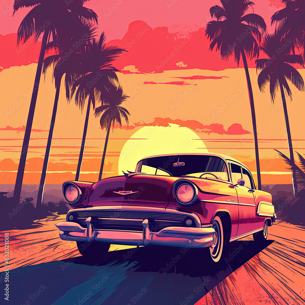 Retro Car, Palm Trees, and Sunset Image (Generative AI)


