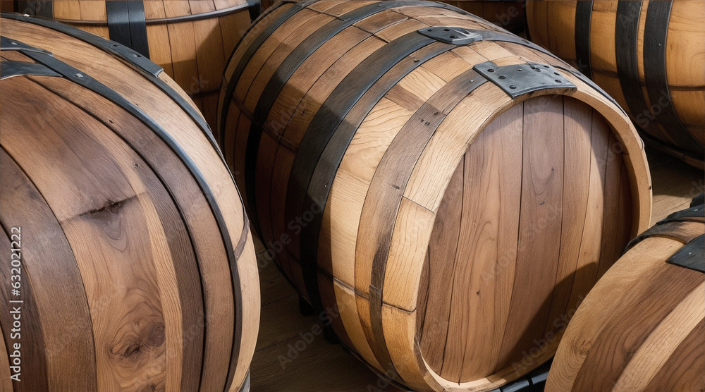Wooden oak Port barrels in neat rows closeup by Generative AI